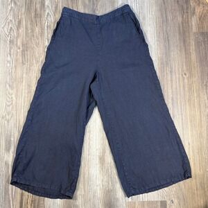 Tahari Navy Blue 100% Linen Wide Leg Cropped Pants Women's Size L Relaxed Fit